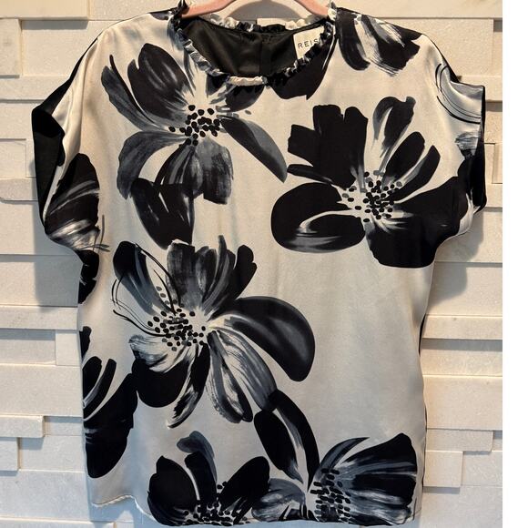 REISS 100% Silk Floral Black White Ruffle Neck Short Sleeve Blouse Top Shirt US6 - Picture 1 of 6